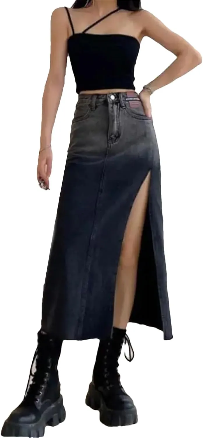 High-Waisted Mid-Length Denim Skirt for Women Edge Gradient Blue Denim Skirt