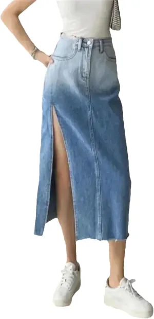 High-Waisted Mid-Length Denim Skirt for Women Edge Gradient Blue Denim Skirt