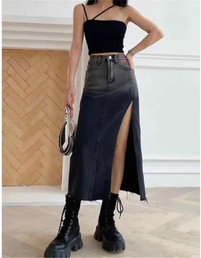 High-Waisted Mid-Length Denim Skirt for Women Edge Gradient Blue Denim Skirt