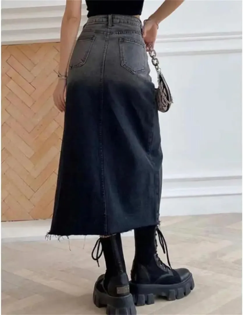High-Waisted Mid-Length Denim Skirt for Women Edge Gradient Blue Denim Skirt