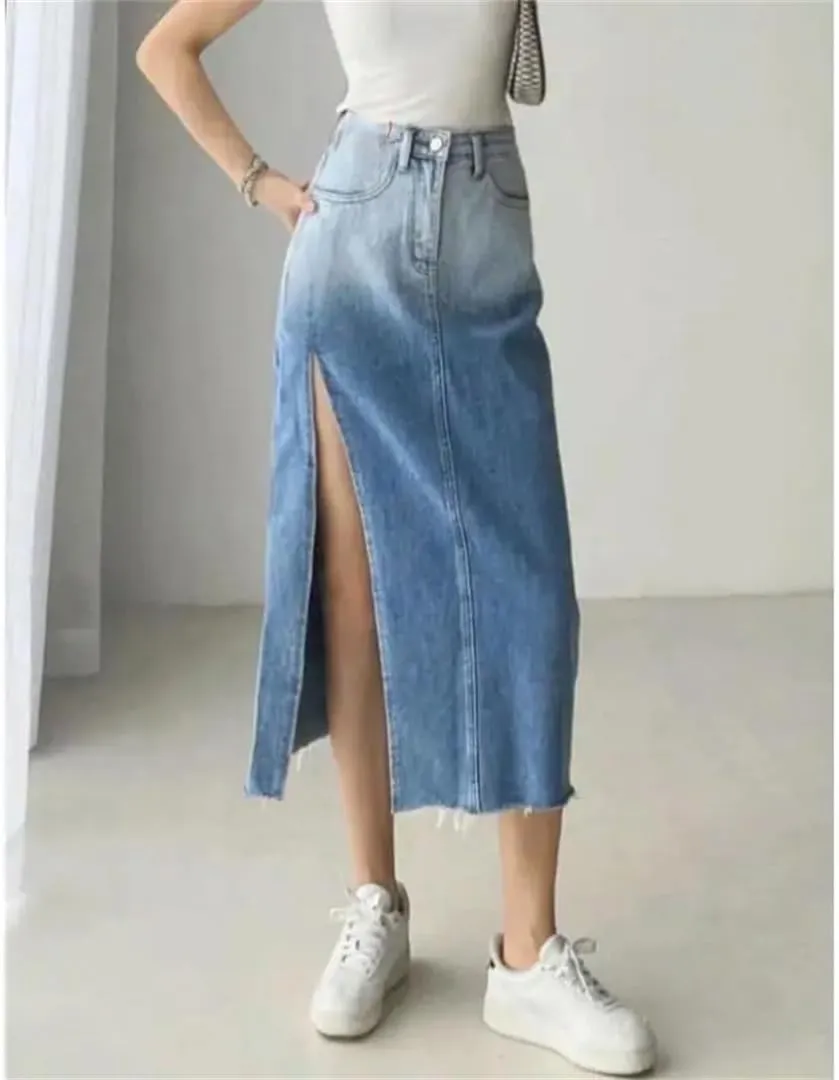 High-Waisted Mid-Length Denim Skirt for Women Edge Gradient Blue Denim Skirt