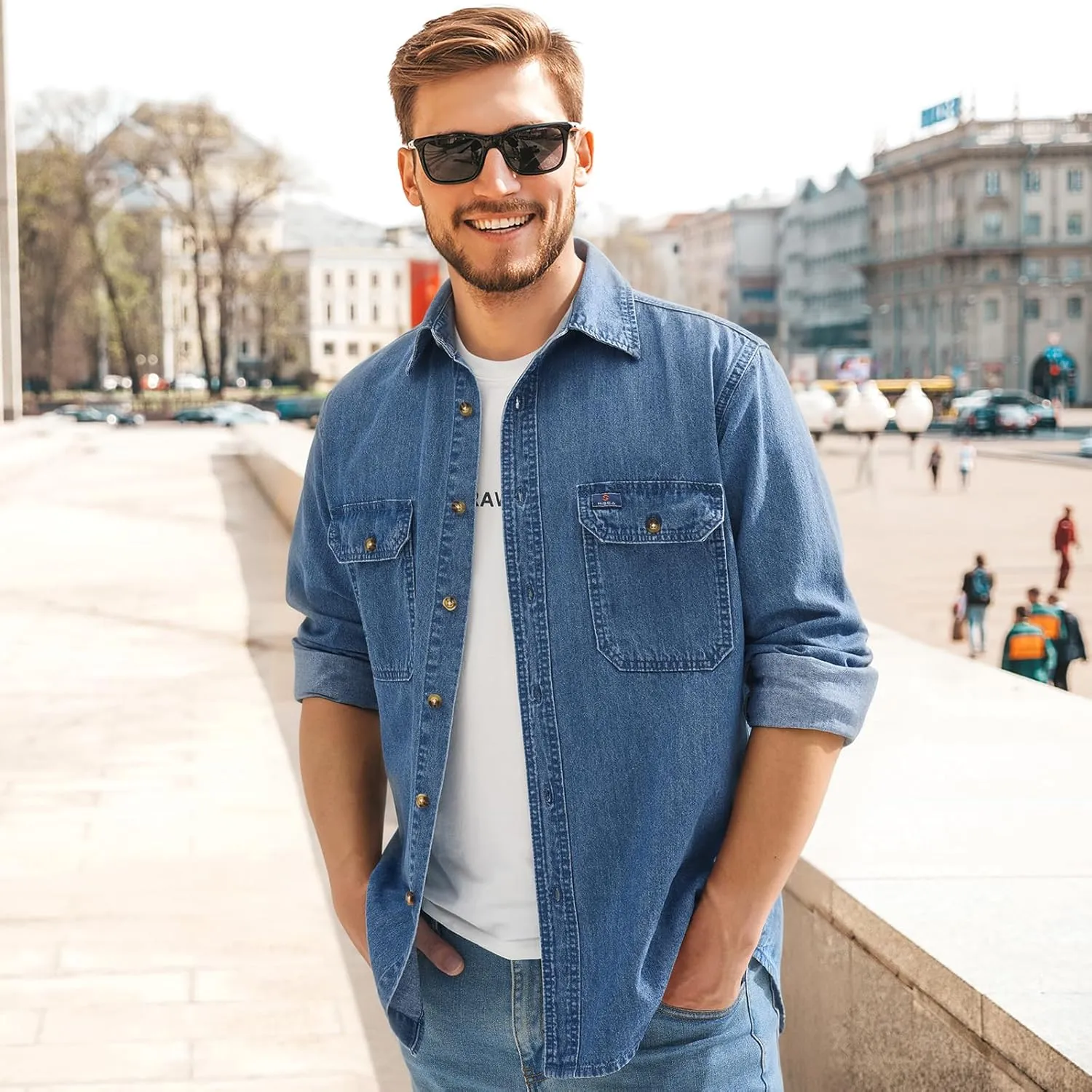 HISEA Mens Denim Shirt Long Sleeve Jean Work Shirts Regular Fit Button Down Shirts with Pockets