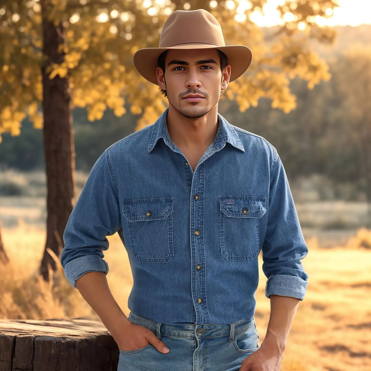HISEA Mens Denim Shirt Long Sleeve Jean Work Shirts Regular Fit Button Down Shirts with Pockets