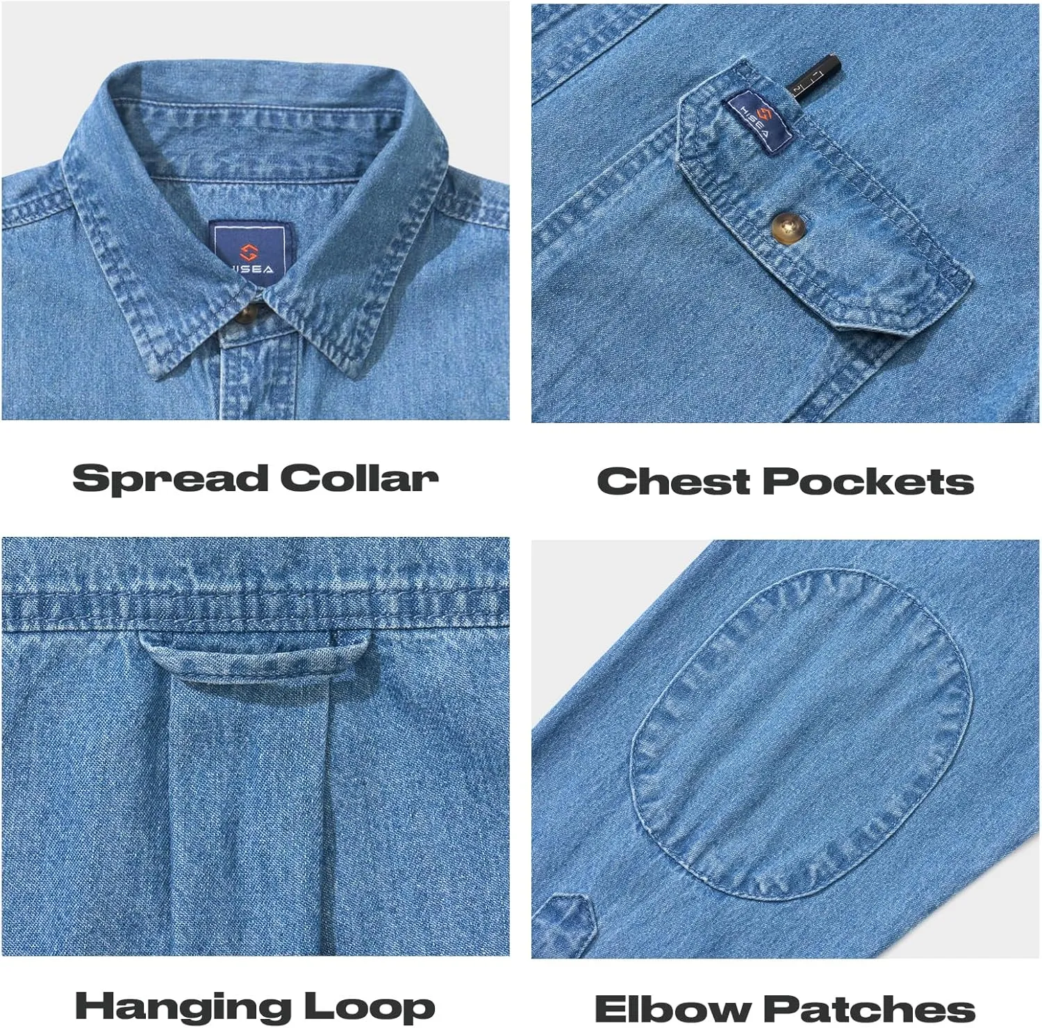 HISEA Mens Denim Shirt Long Sleeve Jean Work Shirts Regular Fit Button Down Shirts with Pockets