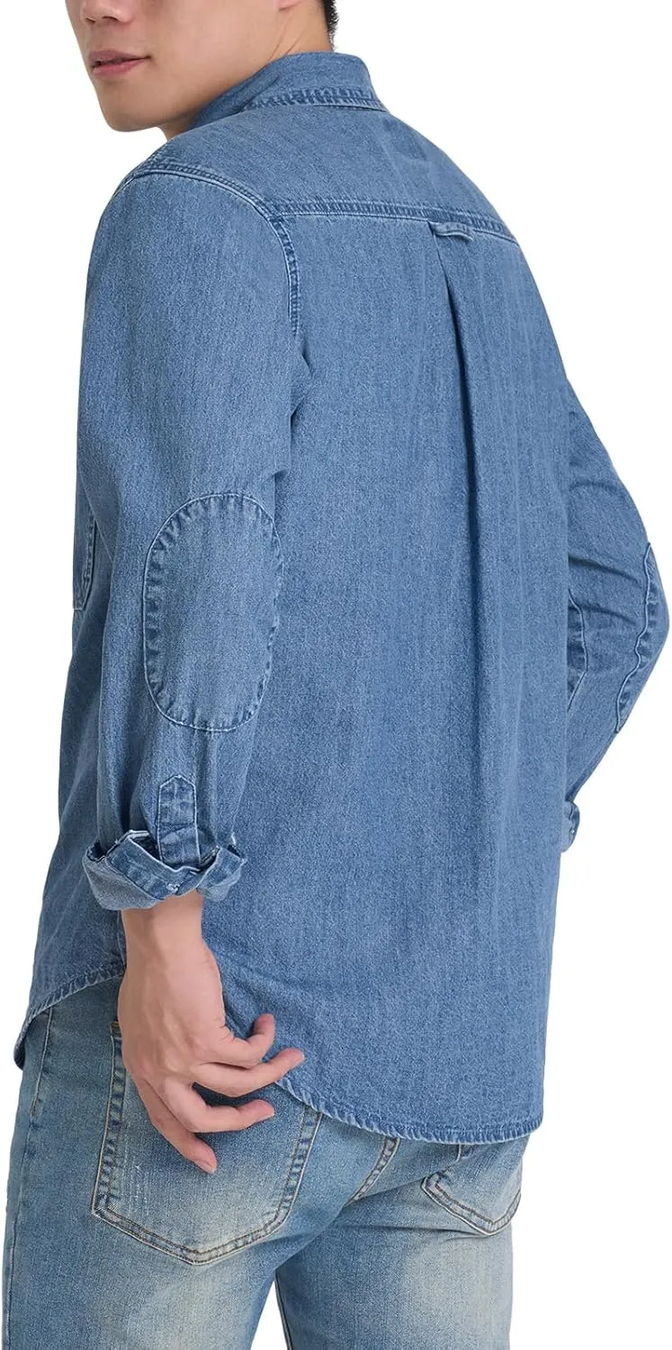 HISEA Mens Denim Shirt Long Sleeve Jean Work Shirts Regular Fit Button Down Shirts with Pockets