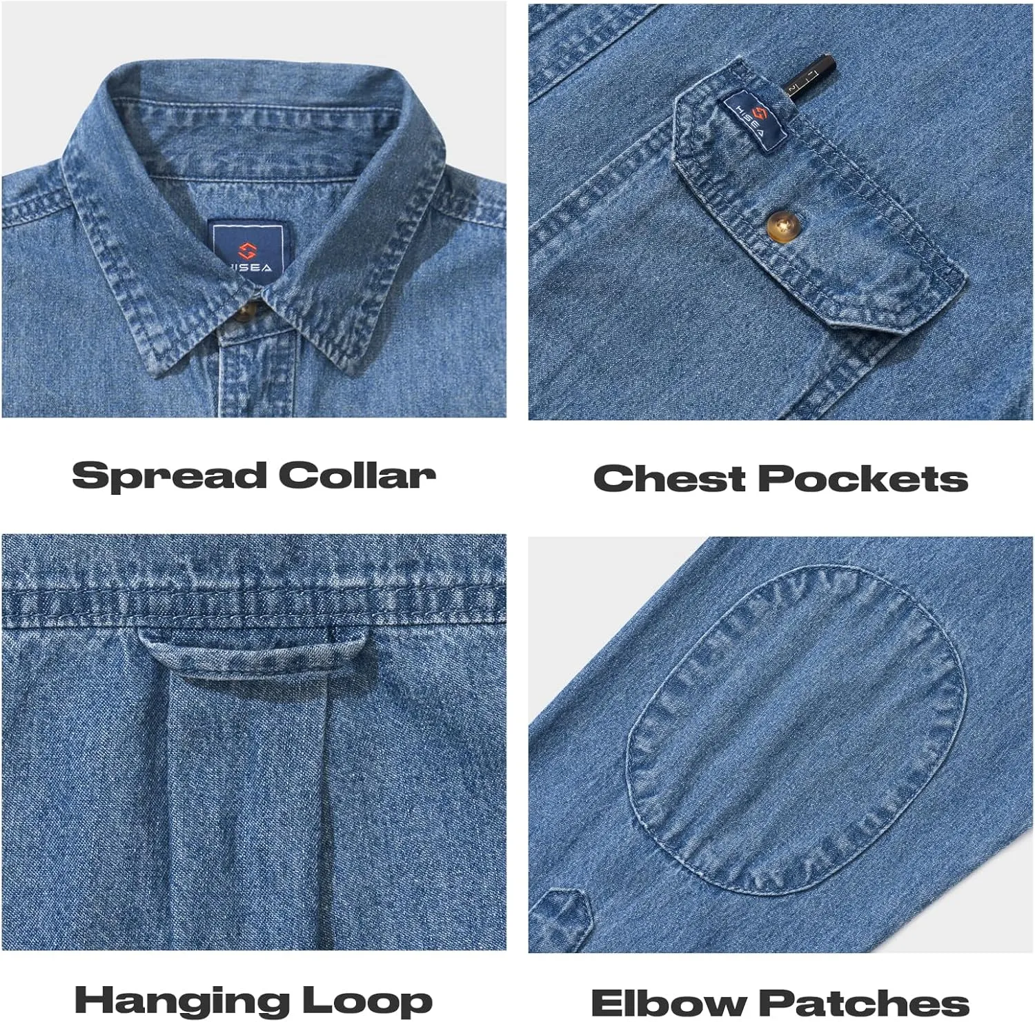 HISEA Mens Denim Shirt Long Sleeve Jean Work Shirts Regular Fit Button Down Shirts with Pockets