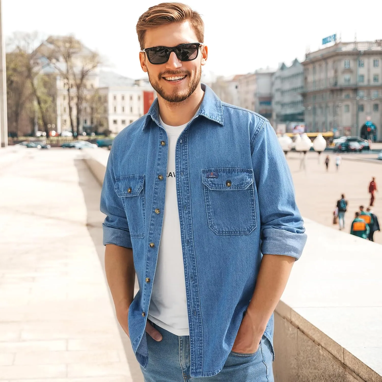 HISEA Mens Denim Shirt Long Sleeve Jean Work Shirts Regular Fit Button Down Shirts with Pockets