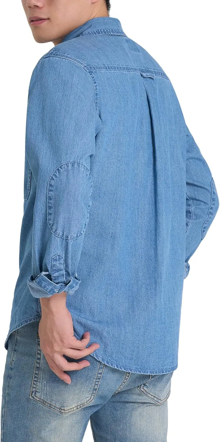HISEA Mens Denim Shirt Long Sleeve Jean Work Shirts Regular Fit Button Down Shirts with Pockets