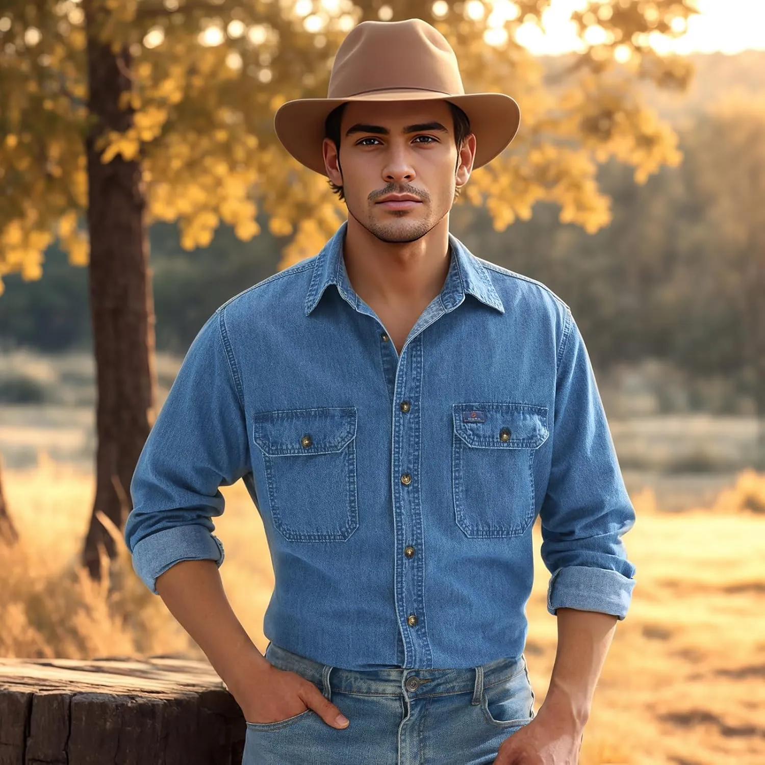 HISEA Mens Denim Shirt Long Sleeve Jean Work Shirts Regular Fit Button Down Shirts with Pockets