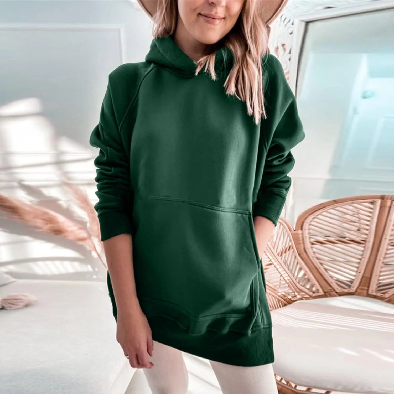 Hooded Sweatshirt Solid Color Ladies Solid Color Thickened Slit Front Pocket Long Sleeve Hoodie