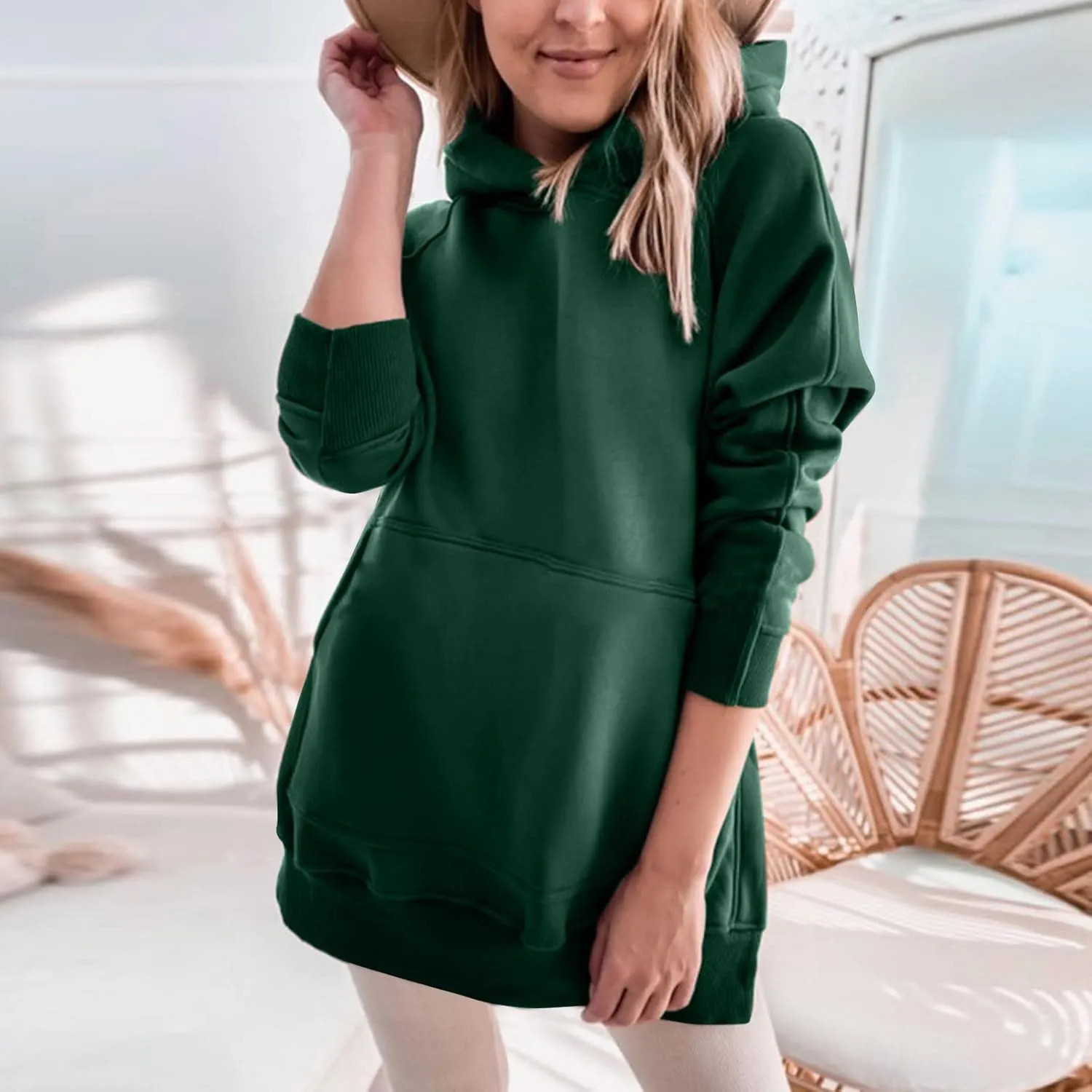 Hooded Sweatshirt Solid Color Ladies Solid Color Thickened Slit Front Pocket Long Sleeve Hoodie