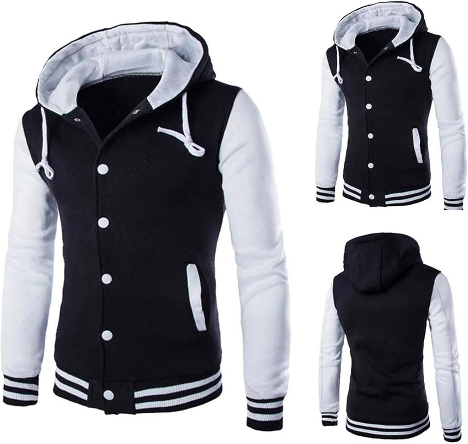 Hooded Varsity Jacket Men,Contrast Color Patchwork Baseball Jacket Button Slim Casual Sports Sweatshirts with Pocket