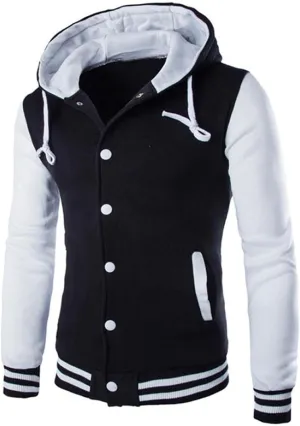 Hooded Varsity Jacket Men,Contrast Color Patchwork Baseball Jacket Button Slim Casual Sports Sweatshirts with Pocket