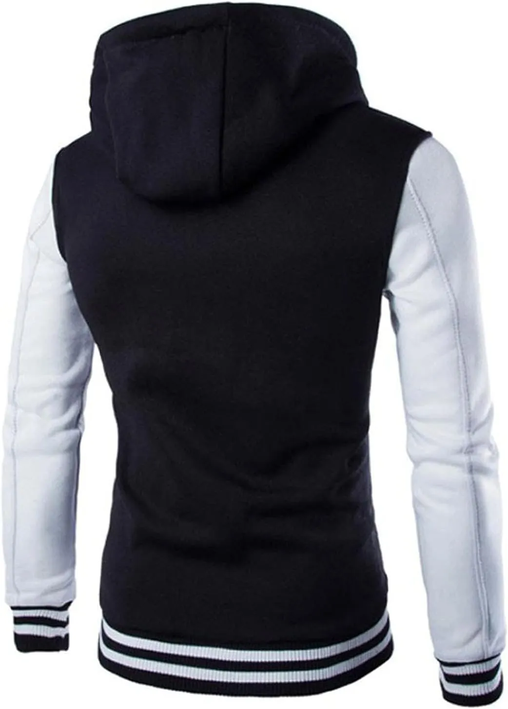 Hooded Varsity Jacket Men,Contrast Color Patchwork Baseball Jacket Button Slim Casual Sports Sweatshirts with Pocket