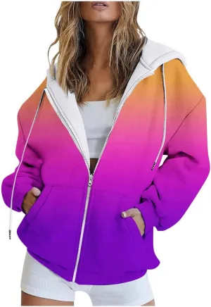 Hoodies for Women Oversized Full Zip Up Clothes Trendy Ombre Tie Dye Hoodies for Women Drawstring Thick Warm Jackets