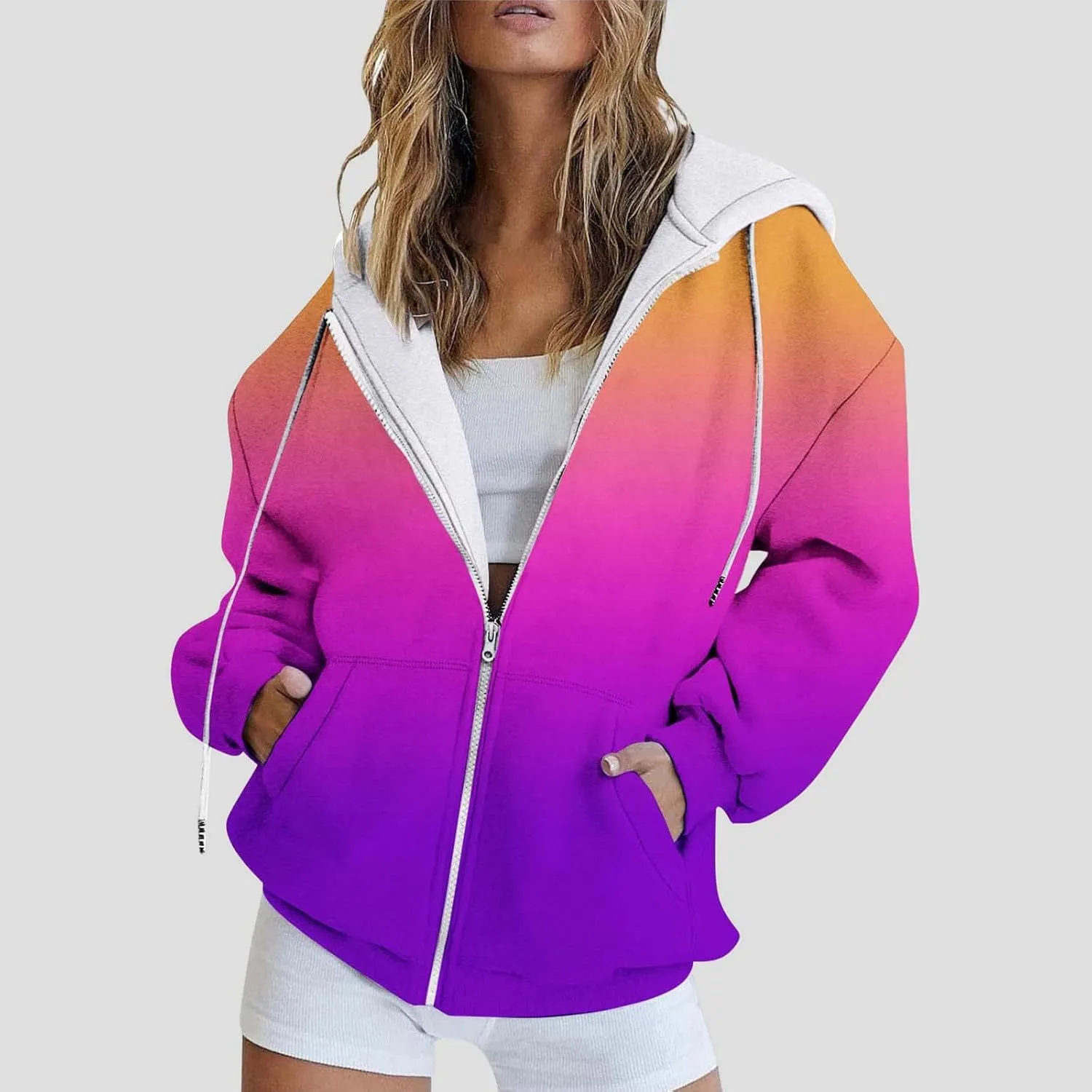 Hoodies for Women Oversized Full Zip Up Clothes Trendy Ombre Tie Dye Hoodies for Women Drawstring Thick Warm Jackets