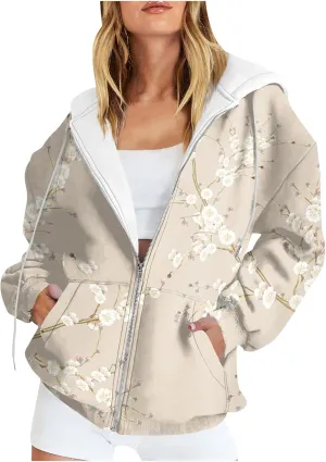 Hoodies for Women Vintage Floral Printed Drawstring Zipper Jackets Fall Casual Loose Fit Sweatshirts with Pockets