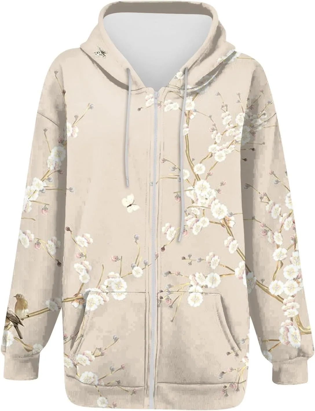 Hoodies for Women Vintage Floral Printed Drawstring Zipper Jackets Fall Casual Loose Fit Sweatshirts with Pockets