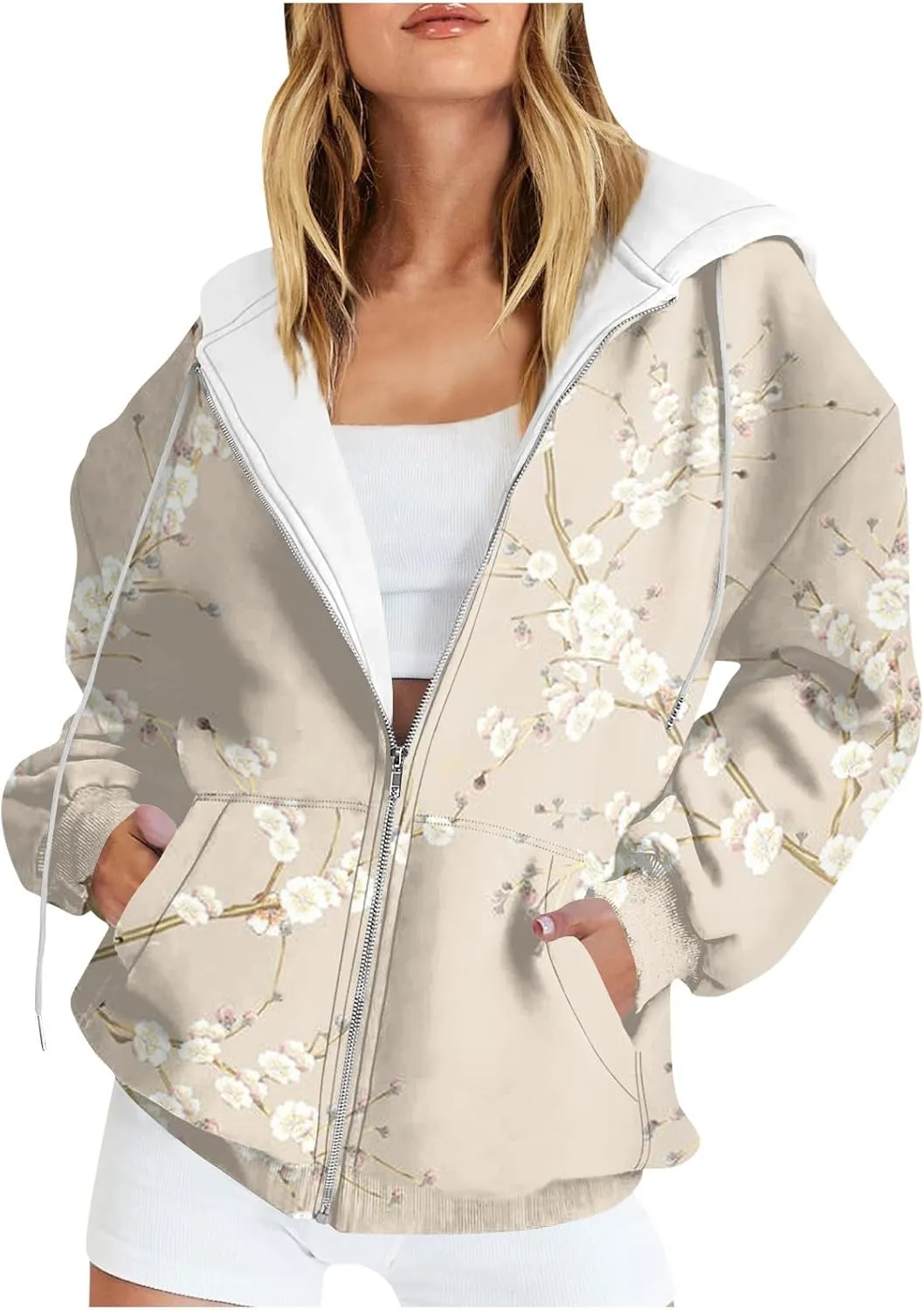 Hoodies for Women Vintage Floral Printed Drawstring Zipper Jackets Fall Casual Loose Fit Sweatshirts with Pockets