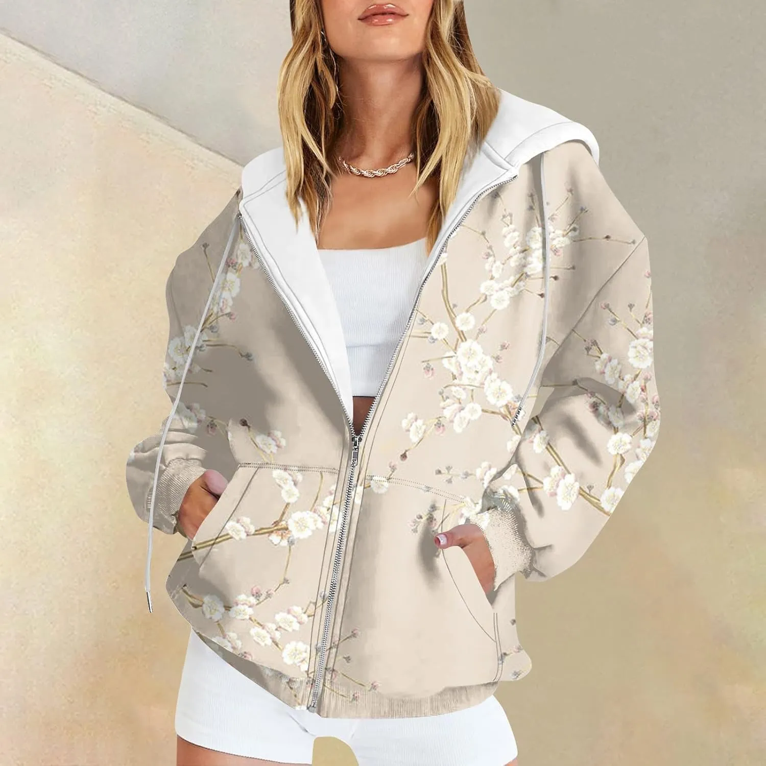 Hoodies for Women Vintage Floral Printed Drawstring Zipper Jackets Fall Casual Loose Fit Sweatshirts with Pockets