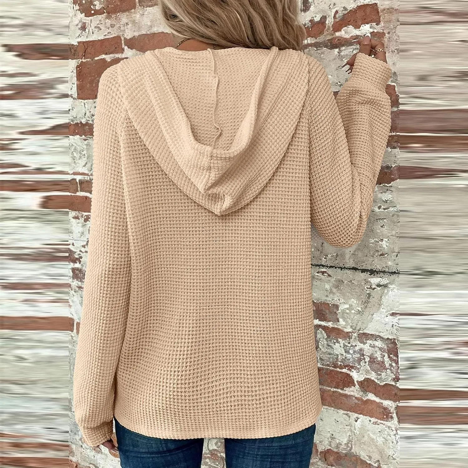 Hoodies for Women Waffle Knit Button V Neck Oversized Sweatshirt Fall Long Sleeve Drawstring Hooded Pullover Sweater