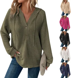 Hoodies for Women Waffle Knit Button V Neck Oversized Sweatshirt Fall Long Sleeve Drawstring Hooded Pullover Sweater