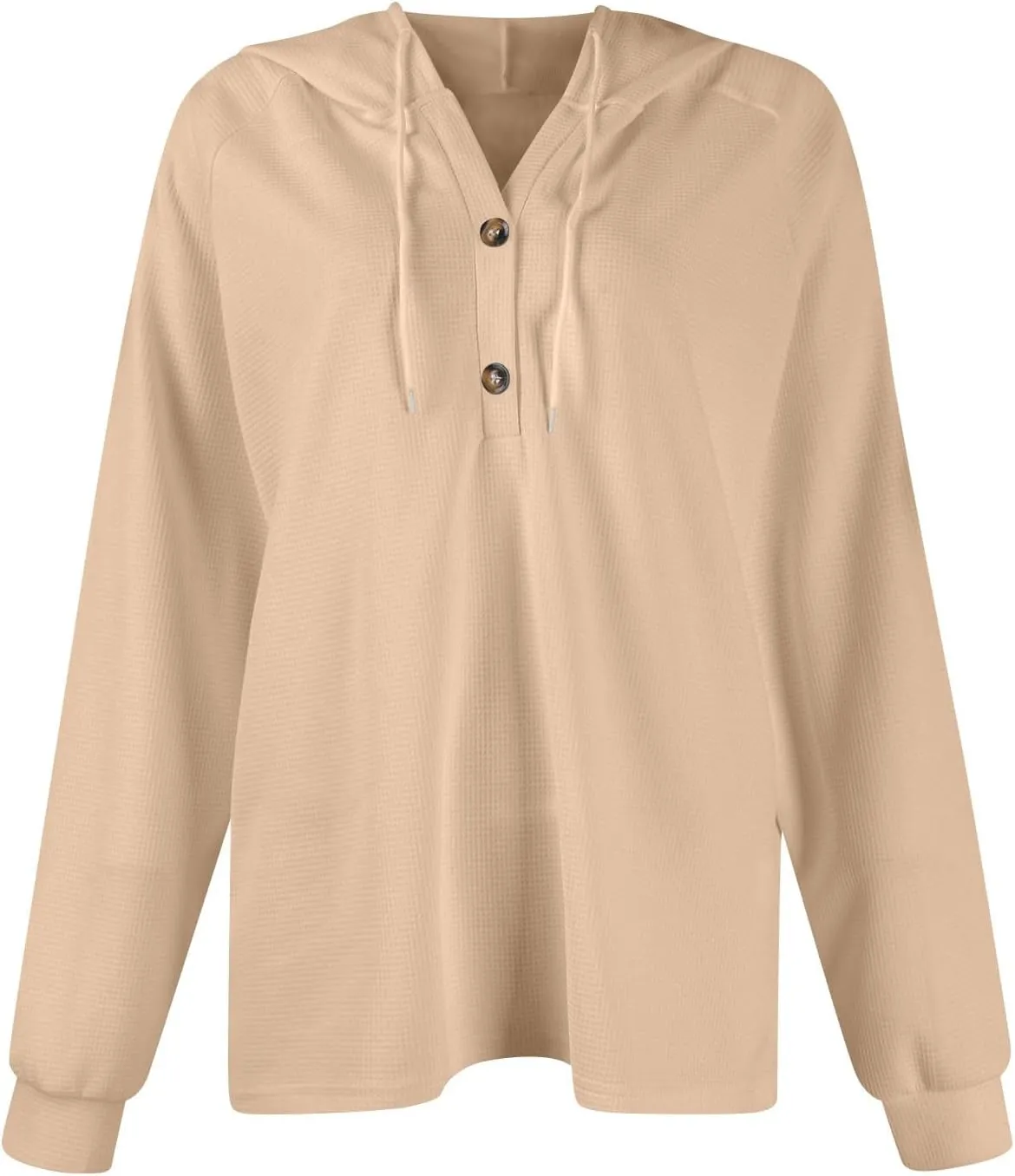 Hoodies for Women Waffle Knit Button V Neck Oversized Sweatshirt Fall Long Sleeve Drawstring Hooded Pullover Sweater