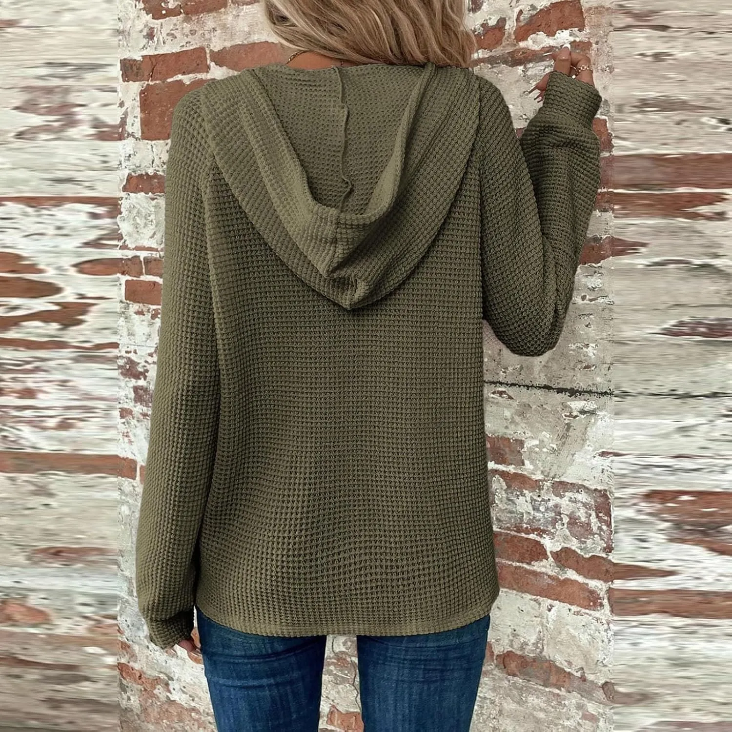 Hoodies for Women Waffle Knit Button V Neck Oversized Sweatshirt Fall Long Sleeve Drawstring Hooded Pullover Sweater