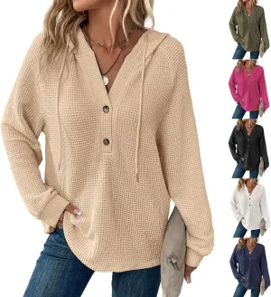 Hoodies for Women Waffle Knit Button V Neck Oversized Sweatshirt Fall Long Sleeve Drawstring Hooded Pullover Sweater