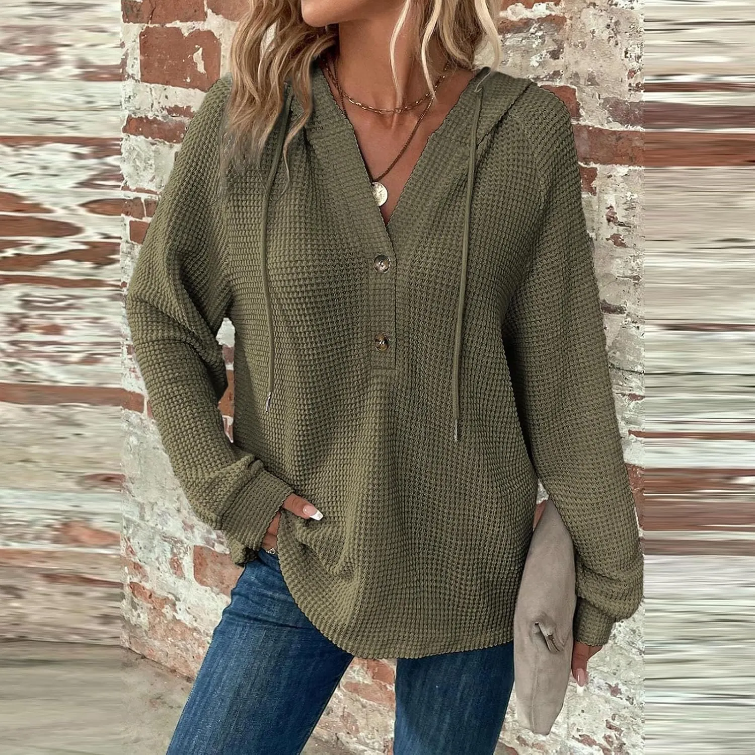 Hoodies for Women Waffle Knit Button V Neck Oversized Sweatshirt Fall Long Sleeve Drawstring Hooded Pullover Sweater