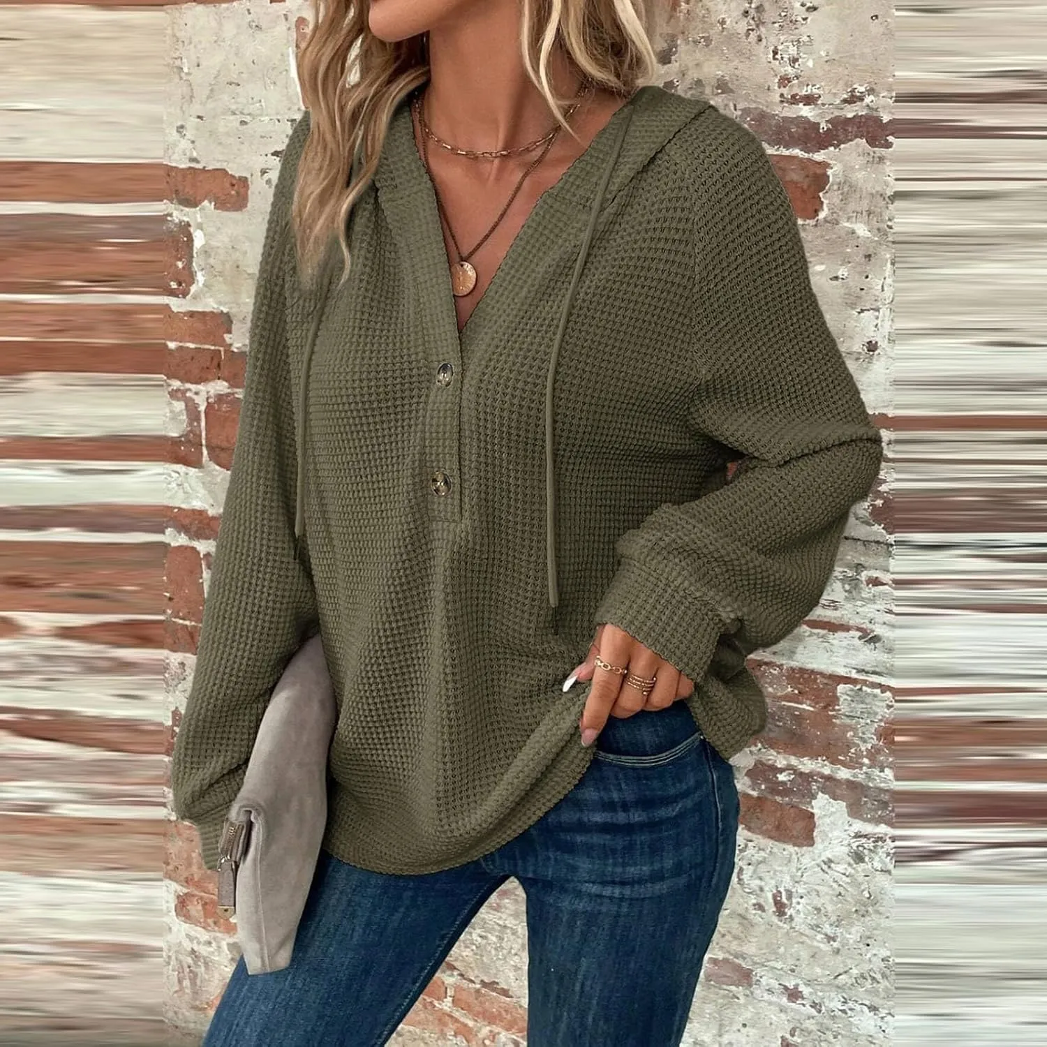 Hoodies for Women Waffle Knit Button V Neck Oversized Sweatshirt Fall Long Sleeve Drawstring Hooded Pullover Sweater