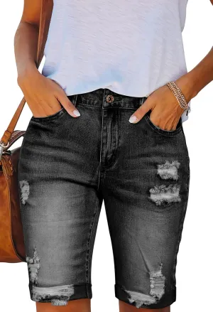HUUSA Women's High Waist Ripped Denim Shorts Frayed Hem Destroyed Mid Thigh Short Jeans Casual Bermuda Shorts with Pocket