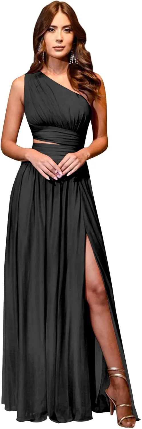 HUUTOE One Shoulder Bridesmaid Dresses for Wedding Long with Slit Chiffon Pleated Formal Evening Dress with Pockets