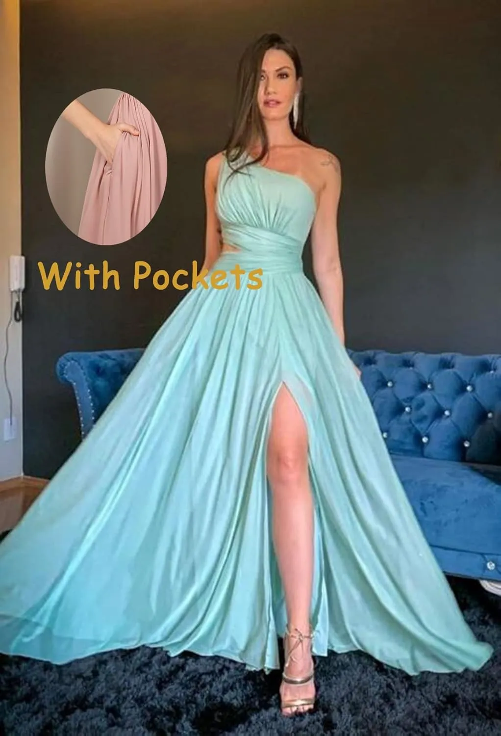 HUUTOE One Shoulder Bridesmaid Dresses for Wedding Long with Slit Chiffon Pleated Formal Evening Dress with Pockets