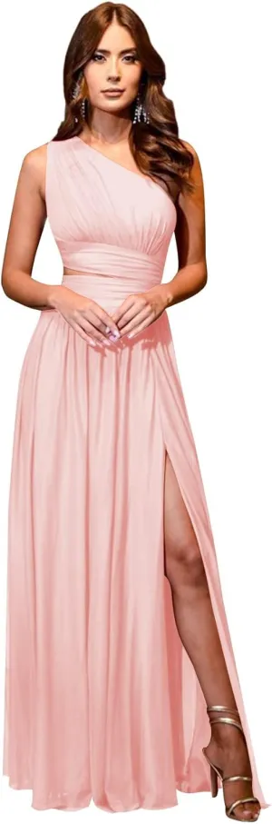 HUUTOE One Shoulder Bridesmaid Dresses for Wedding Long with Slit Chiffon Pleated Formal Evening Dress with Pockets