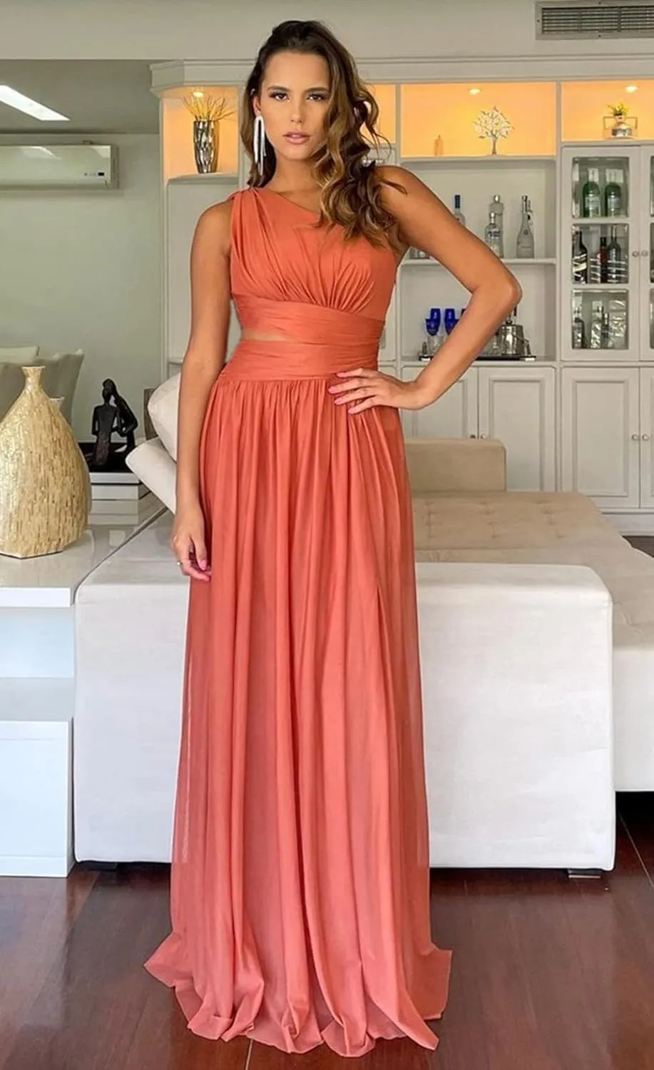 HUUTOE One Shoulder Bridesmaid Dresses for Wedding Long with Slit Chiffon Pleated Formal Evening Dress with Pockets