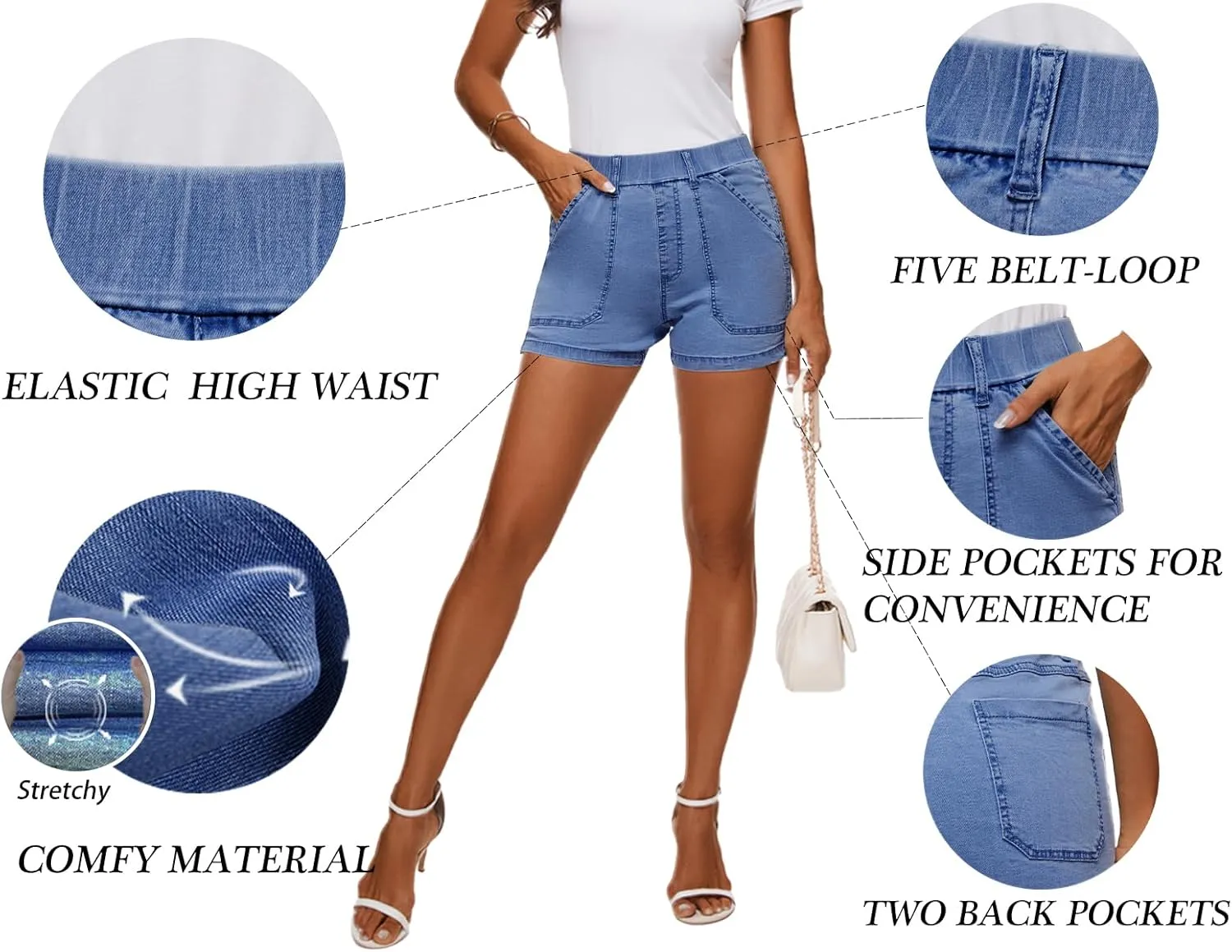 HVEPUO Womens Jean Shorts High Waisted Summer Cotton Stretchy Casual Pull On Beach Elastic Waist Denim Shorts with Pockets