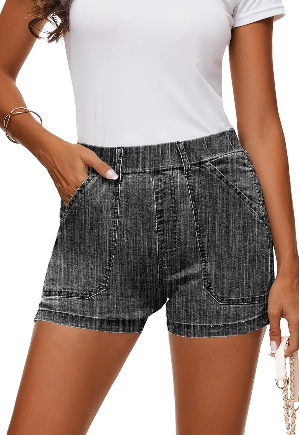 HVEPUO Womens Jean Shorts High Waisted Summer Cotton Stretchy Casual Pull On Beach Elastic Waist Denim Shorts with Pockets