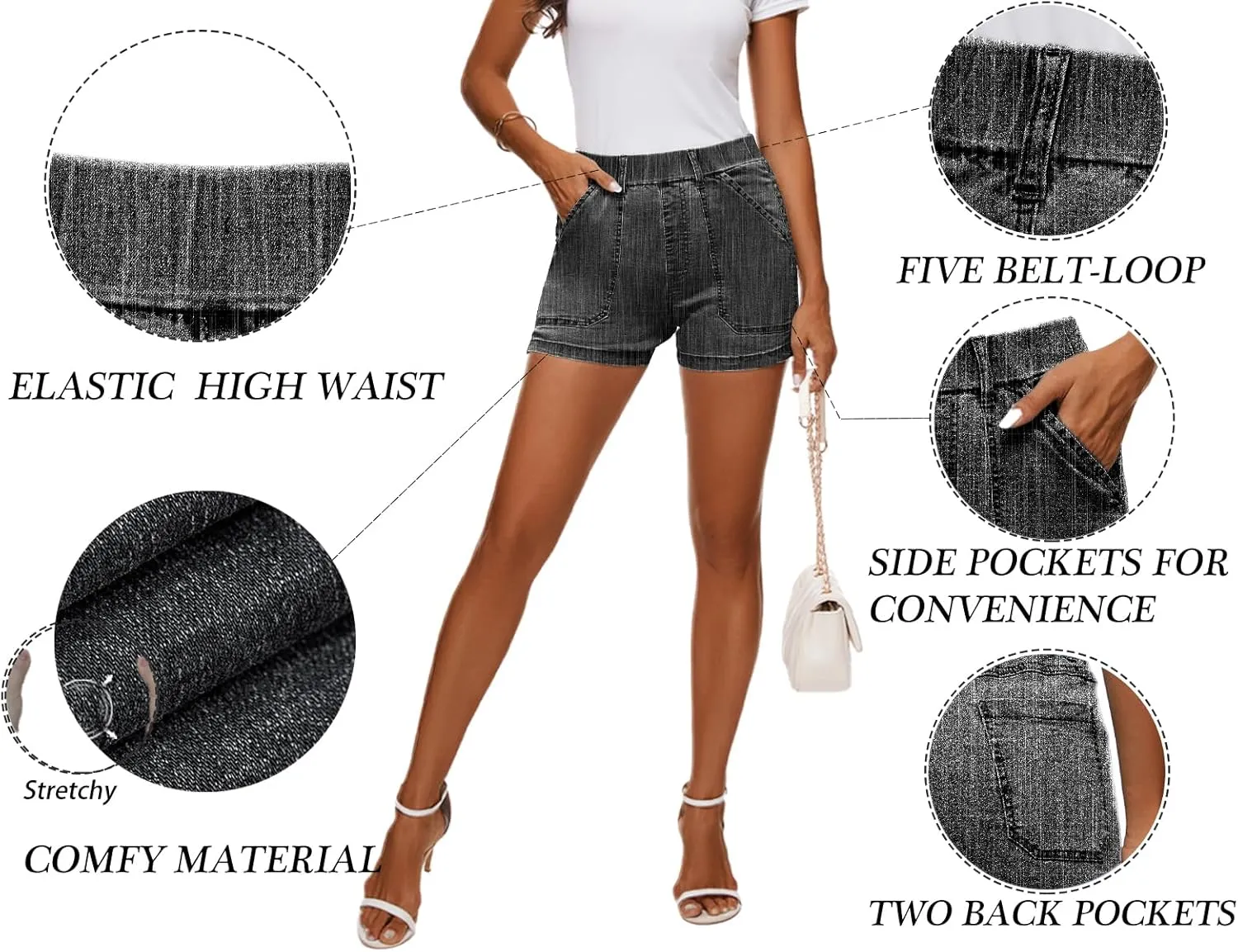 HVEPUO Womens Jean Shorts High Waisted Summer Cotton Stretchy Casual Pull On Beach Elastic Waist Denim Shorts with Pockets