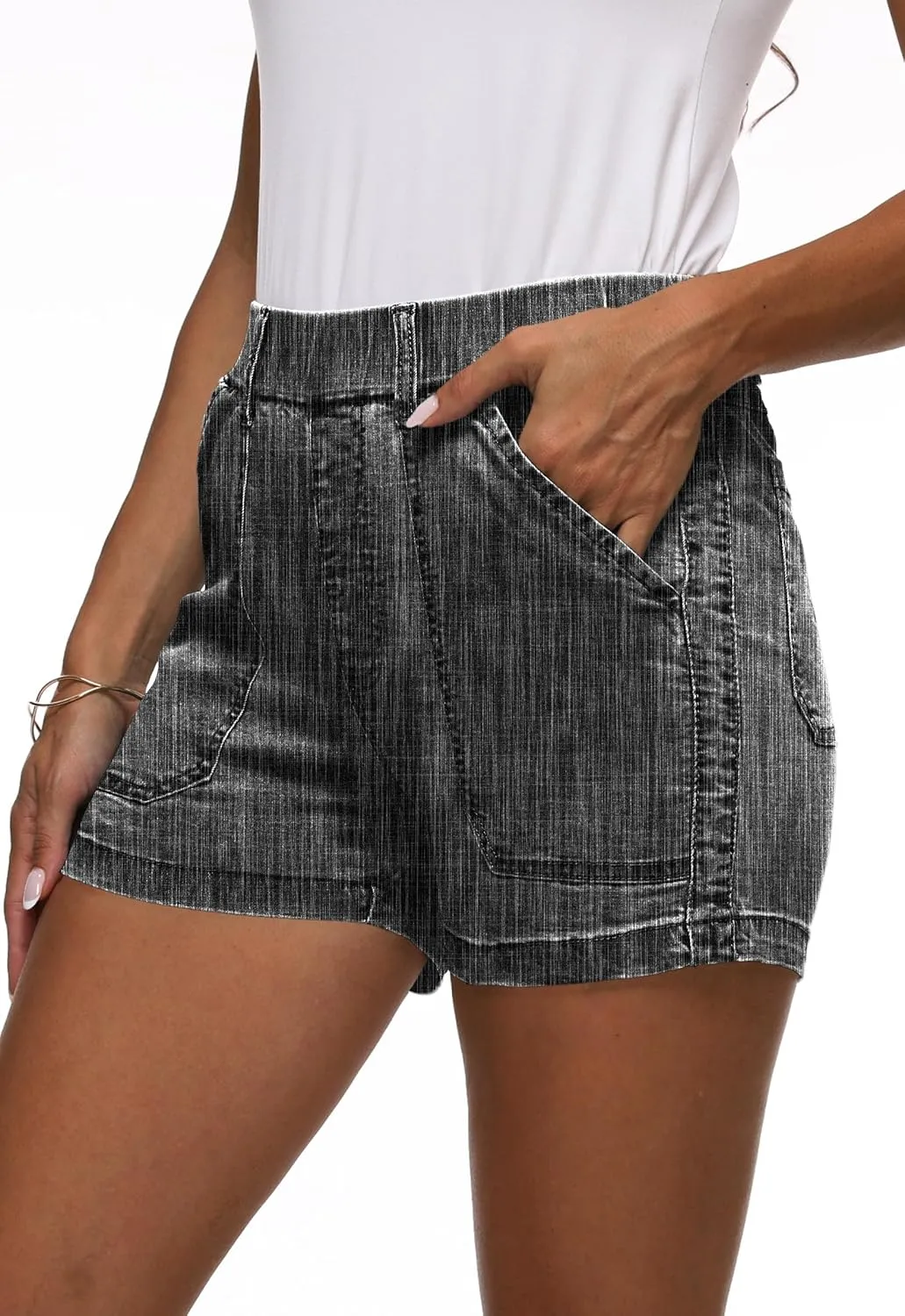 HVEPUO Womens Jean Shorts High Waisted Summer Cotton Stretchy Casual Pull On Beach Elastic Waist Denim Shorts with Pockets