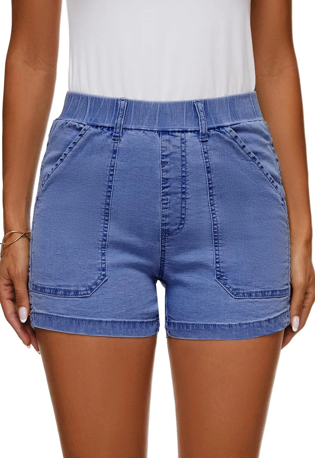 HVEPUO Womens Jean Shorts High Waisted Summer Cotton Stretchy Casual Pull On Beach Elastic Waist Denim Shorts with Pockets