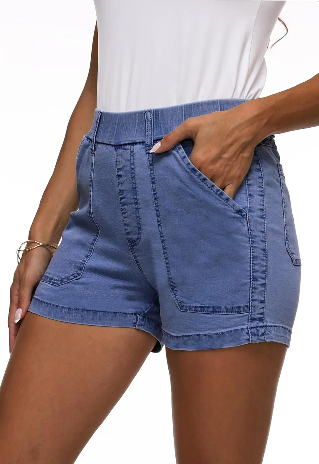 HVEPUO Womens Jean Shorts High Waisted Summer Cotton Stretchy Casual Pull On Beach Elastic Waist Denim Shorts with Pockets