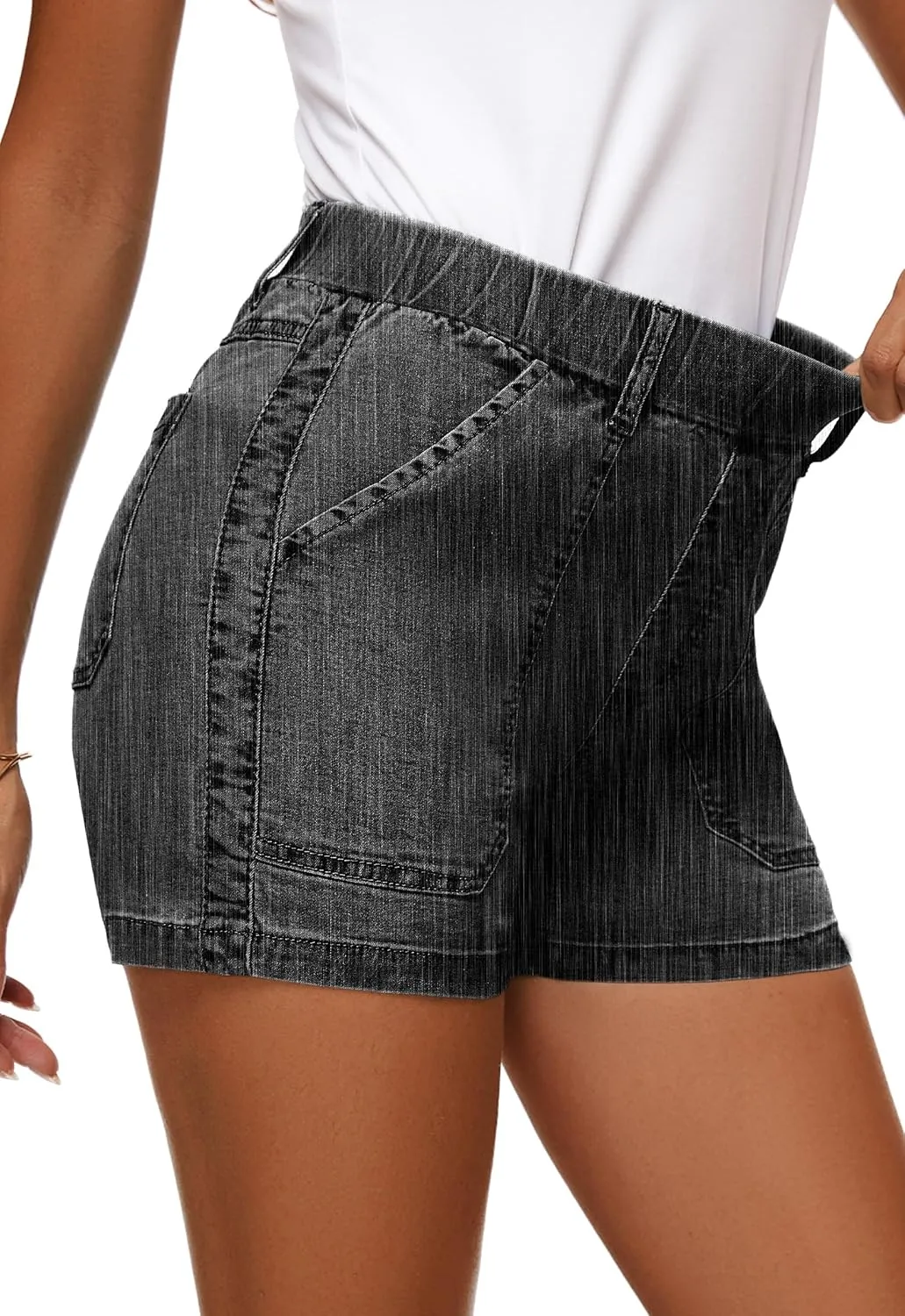 HVEPUO Womens Jean Shorts High Waisted Summer Cotton Stretchy Casual Pull On Beach Elastic Waist Denim Shorts with Pockets
