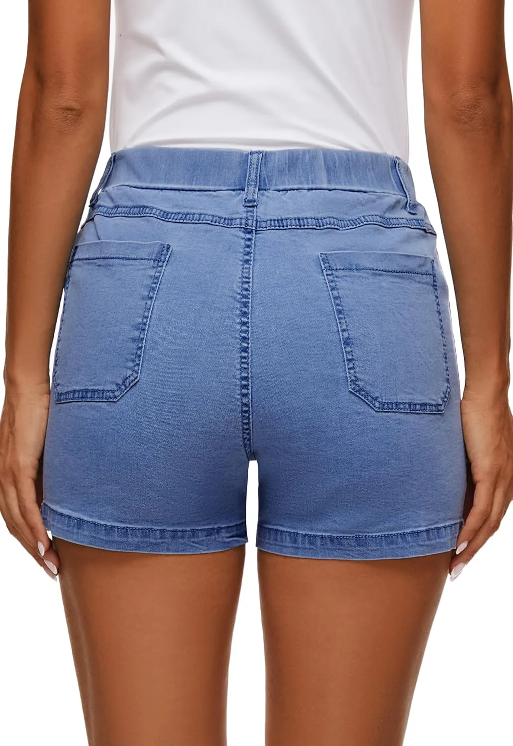 HVEPUO Womens Jean Shorts High Waisted Summer Cotton Stretchy Casual Pull On Beach Elastic Waist Denim Shorts with Pockets