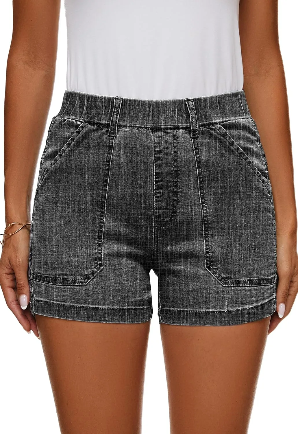 HVEPUO Womens Jean Shorts High Waisted Summer Cotton Stretchy Casual Pull On Beach Elastic Waist Denim Shorts with Pockets