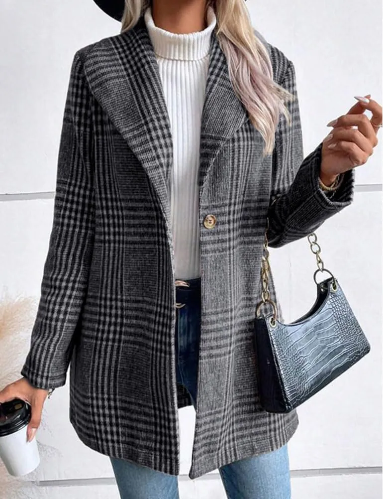 IDEALSANXUN Long Wool Plaid Blazer for Women Fall Outfits Winter Trench Coat Long Sleeve Casual Dressy Lapel Jacket Peacoat