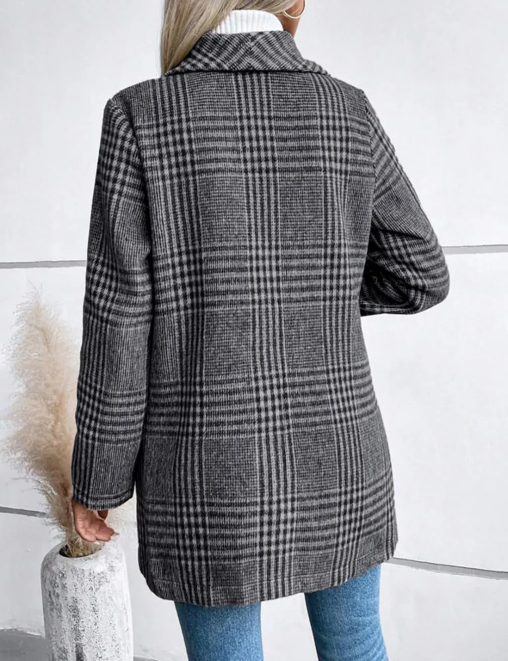 IDEALSANXUN Long Wool Plaid Blazer for Women Fall Outfits Winter Trench Coat Long Sleeve Casual Dressy Lapel Jacket Peacoat