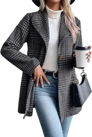 IDEALSANXUN Long Wool Plaid Blazer for Women Fall Outfits Winter Trench Coat Long Sleeve Casual Dressy Lapel Jacket Peacoat