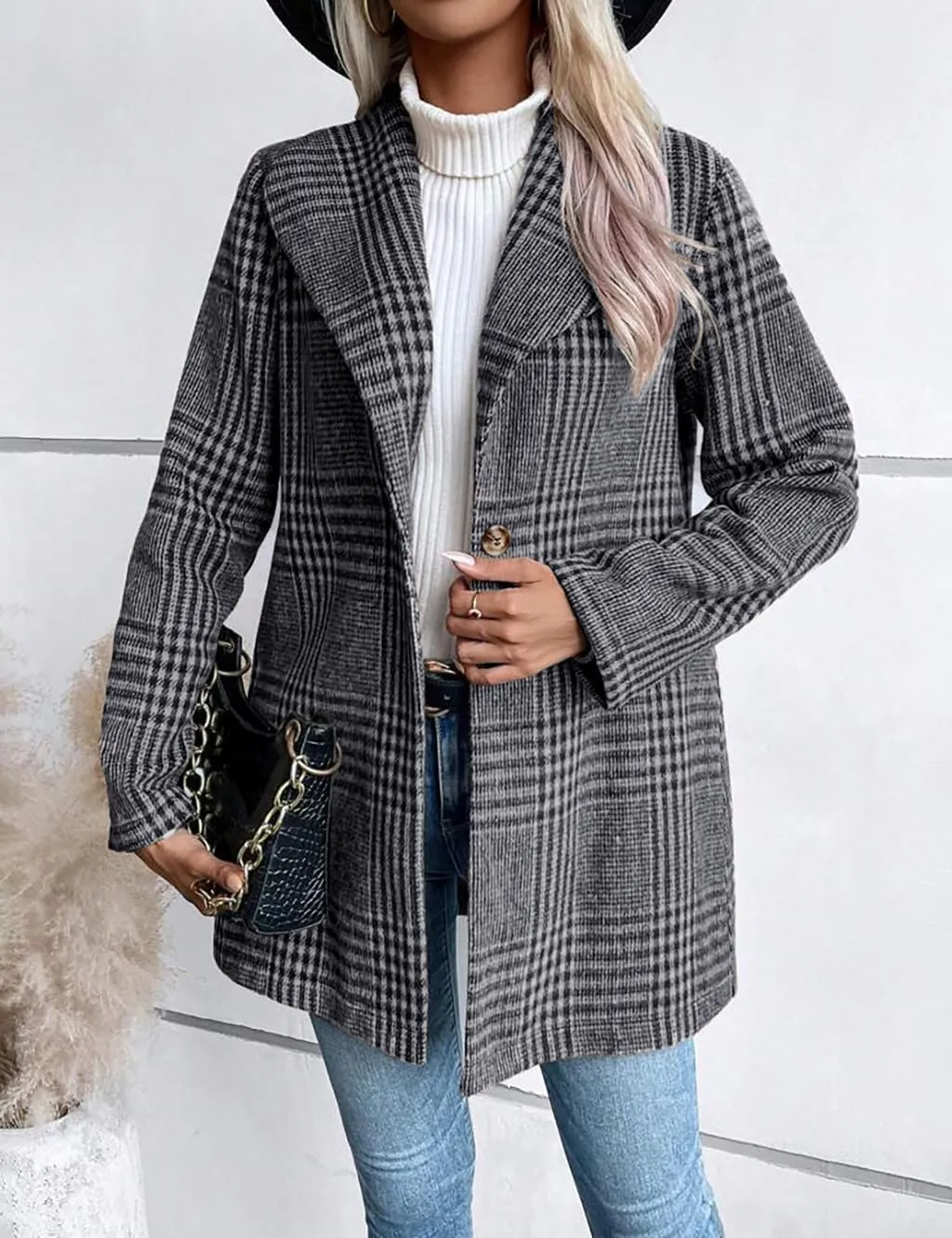 IDEALSANXUN Long Wool Plaid Blazer for Women Fall Outfits Winter Trench Coat Long Sleeve Casual Dressy Lapel Jacket Peacoat