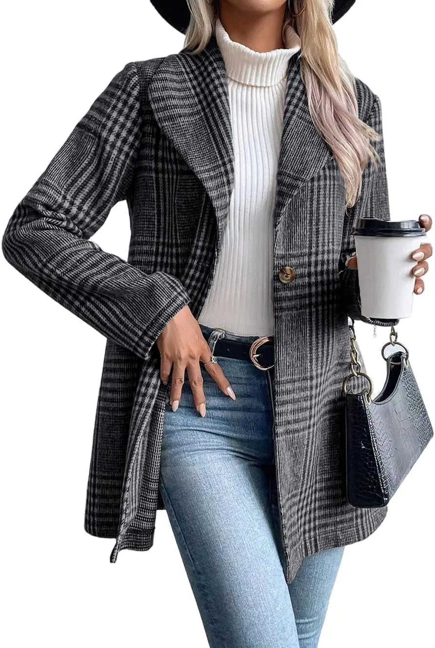 IDEALSANXUN Long Wool Plaid Blazer for Women Fall Outfits Winter Trench Coat Long Sleeve Casual Dressy Lapel Jacket Peacoat